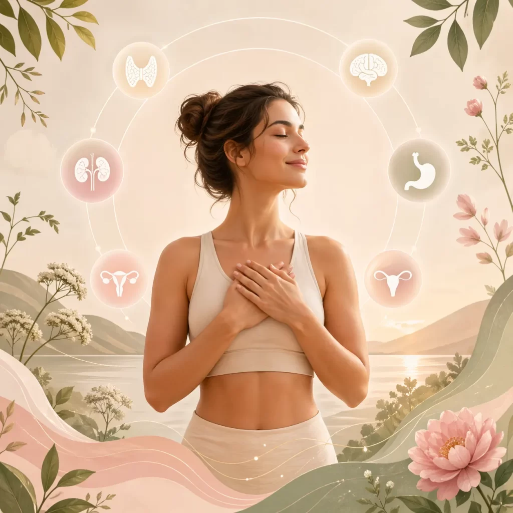 Een rustgevende, vrouwelijke illustratie die innerlijke harmonie, welzijn en hormonale balans uitstraalt.