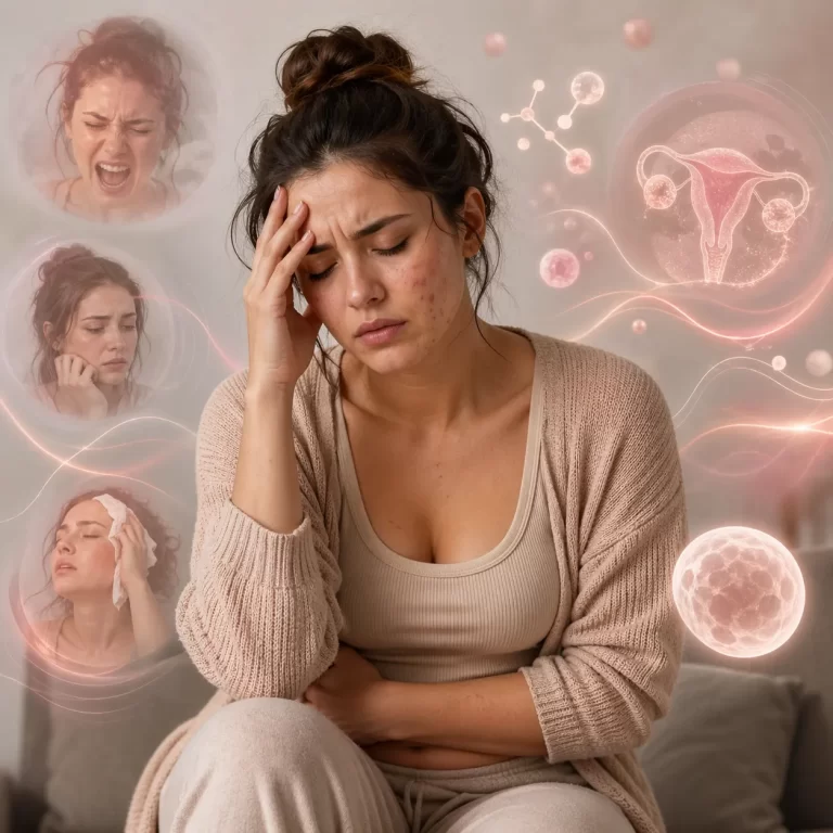 Vrouw met klachten door hormonale disbalans, zoals vermoeidheid, stress en lichamelijk ongemak.