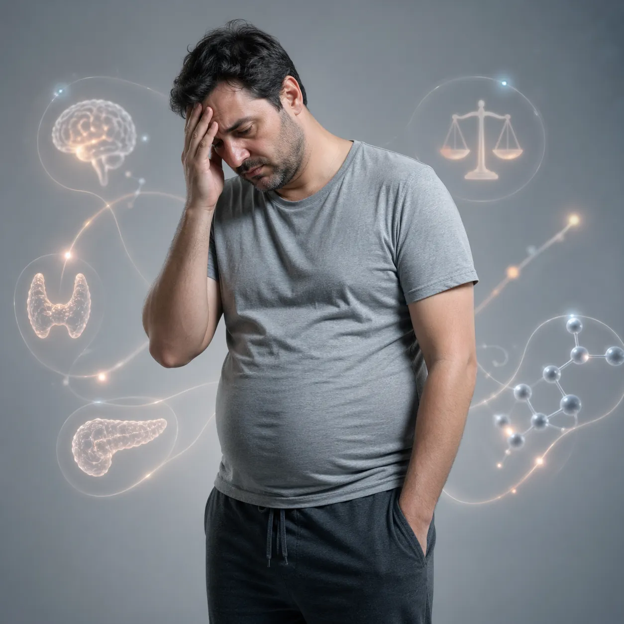 Vermoeide man met signalen van hormonale disbalans en weinig energie.