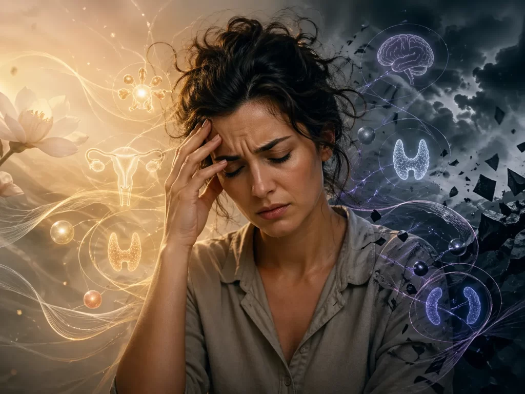 Een vrouw ervaart stress en hormonale onbalans, verbeeld door het contrast tussen rust en innerlijke chaos.