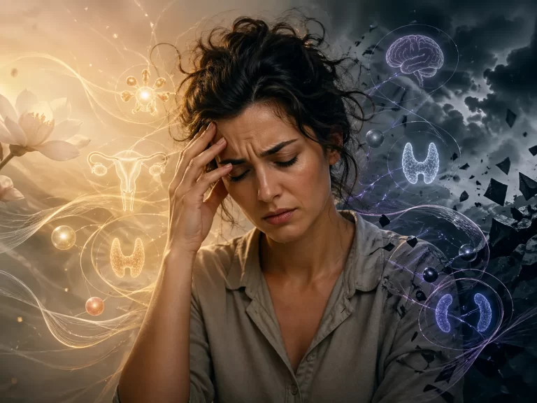 Een vrouw ervaart stress en hormonale onbalans, verbeeld door het contrast tussen rust en innerlijke chaos.