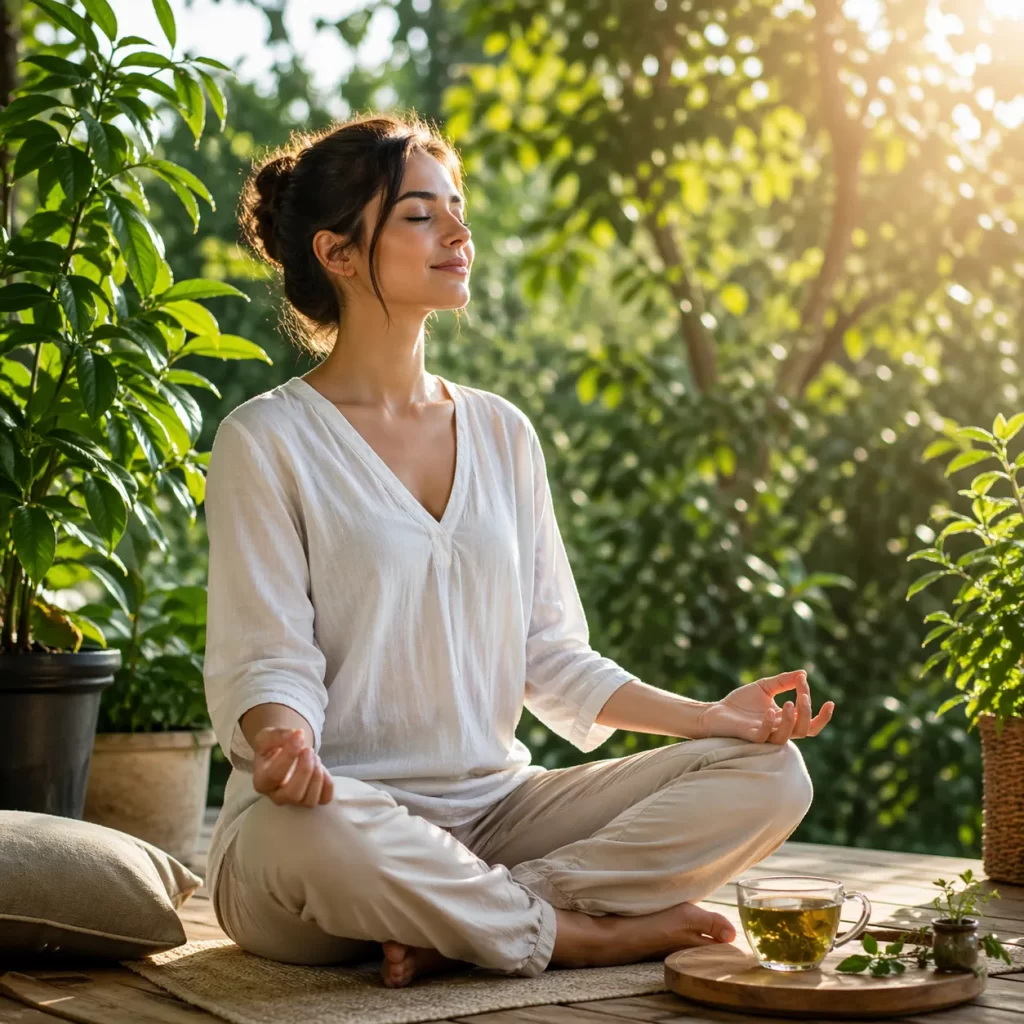 Rustgevend beeld van meditatie in natuurlijk licht, met een kalme en ontspannen sfeer.