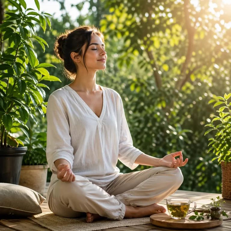 Rustgevend beeld van meditatie in natuurlijk licht, met een kalme en ontspannen sfeer.