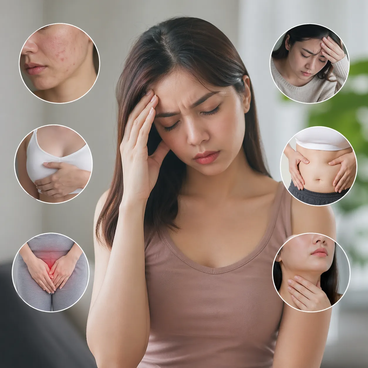 Vrouw met veelvoorkomende klachten zoals hoofdpijn, acne, opgeblazen gevoel, borstgevoeligheid en bekkenpijn.