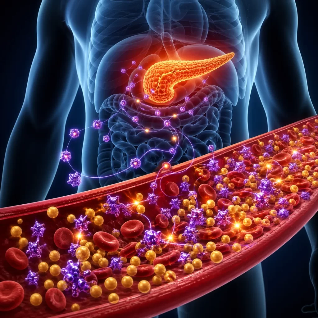 Medische illustratie van een verstoorde insulinebalans in het lichaam, met focus op de alvleesklier en bloedsuikerregeling.