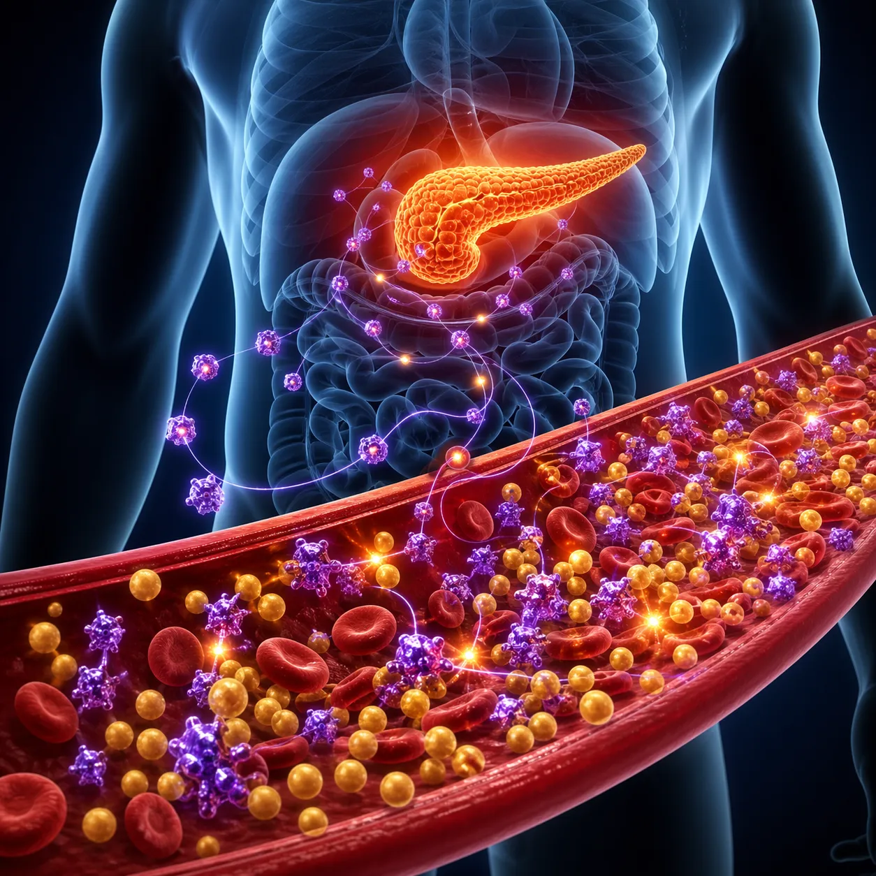 Medische illustratie van een verstoorde insulinebalans in het lichaam, met focus op de alvleesklier en bloedsuikerregeling.