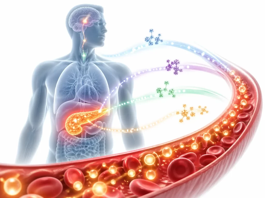 Illustratie van de hormonale regulatie van de bloedsuikerspiegel in het menselijk lichaam.