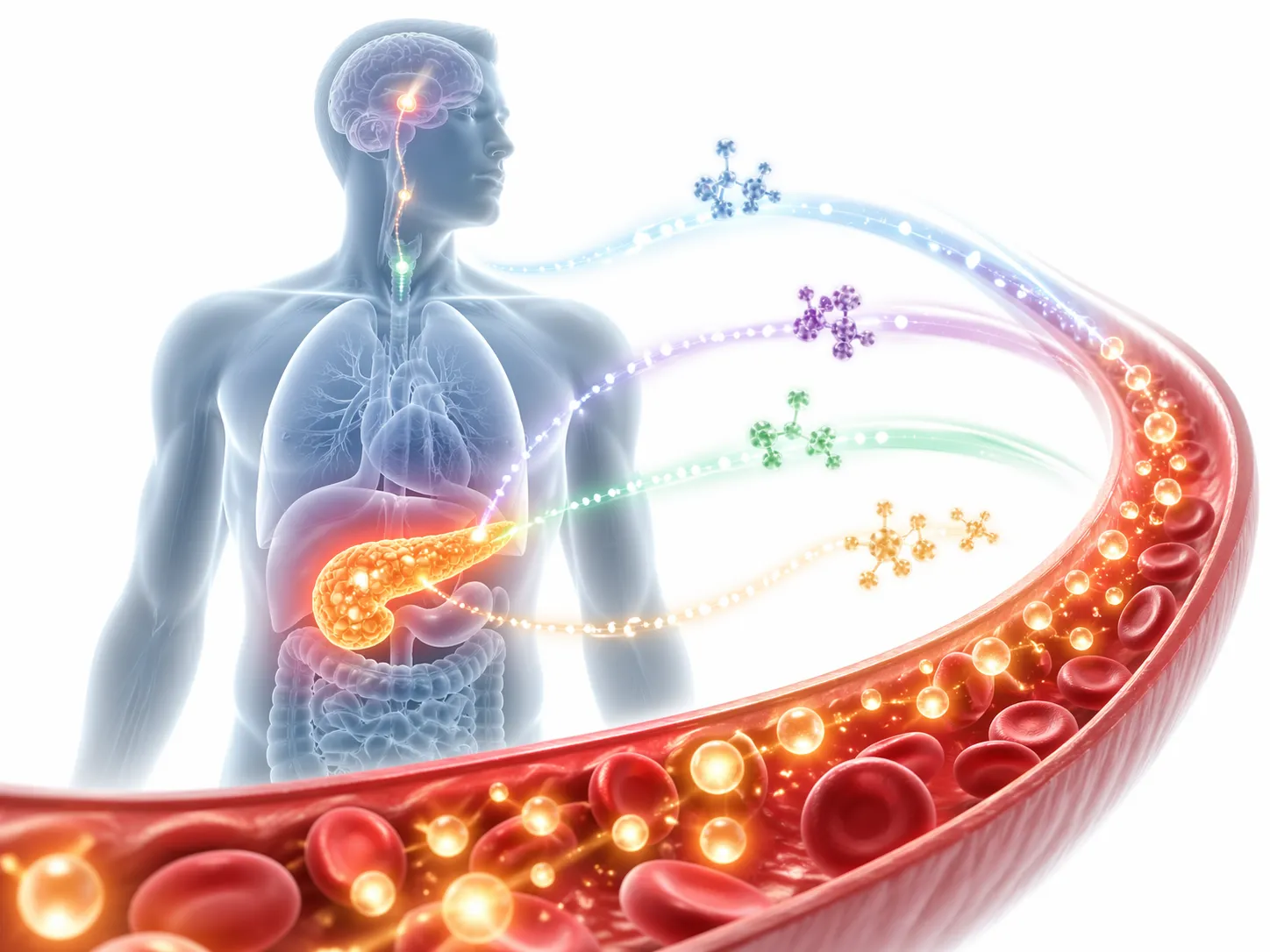 Illustratie van de hormonale regulatie van de bloedsuikerspiegel in het menselijk lichaam.