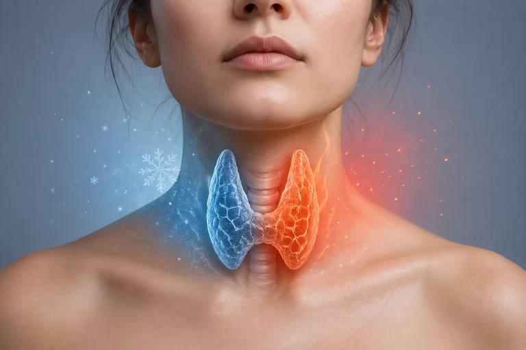 Conceptuele illustratie van een hormonale disbalans in de schildklier, weergegeven met een koude en warme contrastzone in de hals.