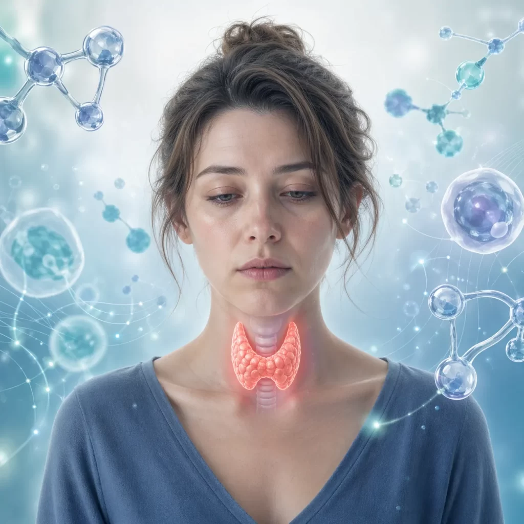 Medische illustratie van een vrouw met een benadrukte schildklier en subtiele hormonale elementen op de achtergrond.