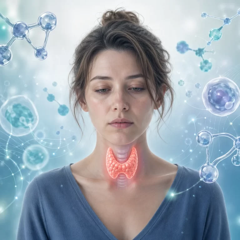 Medische illustratie van een vrouw met een benadrukte schildklier en subtiele hormonale elementen op de achtergrond.