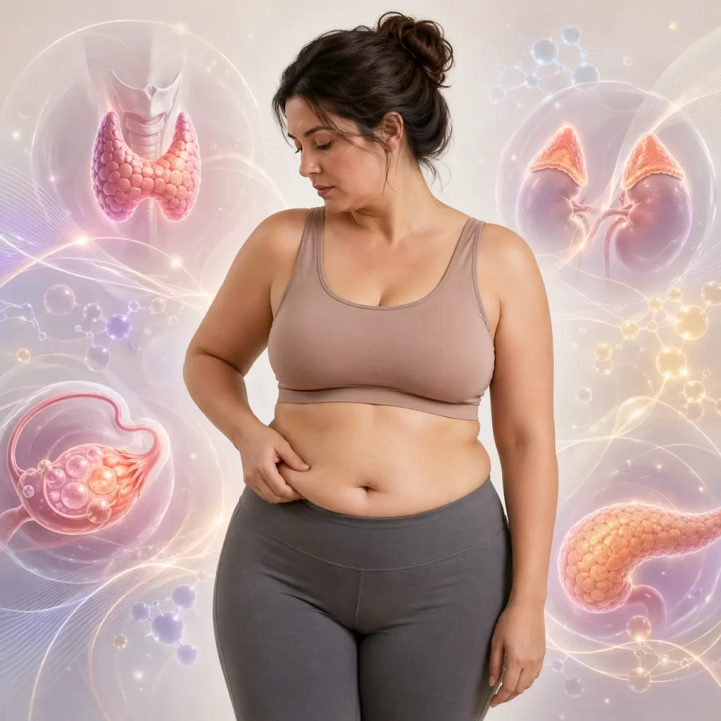 Illustratie van hormonale disbalans en gewichtstoename, met focus op het vrouwelijk lichaam en endocriene organen.