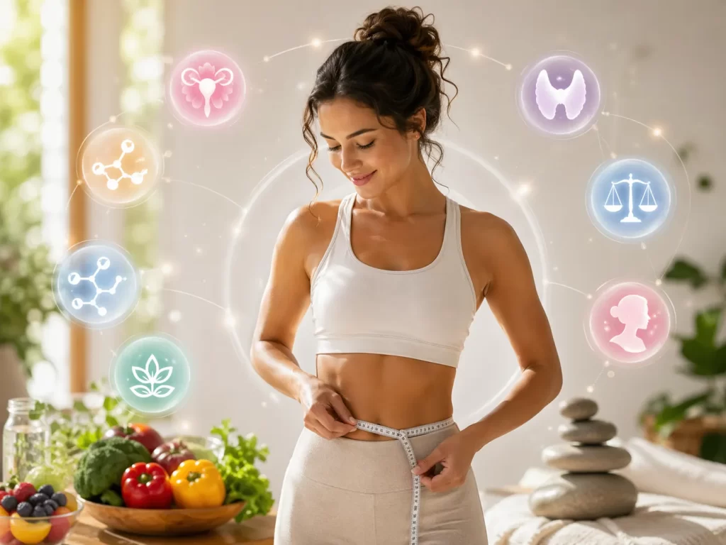 Een frisse, gezonde visual van natuurlijk afvallen met balans, vitaliteit en hormonale harmonie.