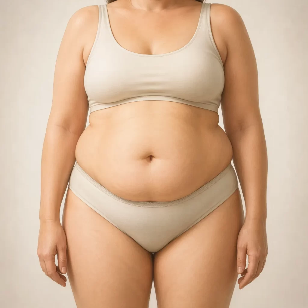 Illustratie van buikvet rond de taille, vaak geassocieerd met hormonale schommelingen.