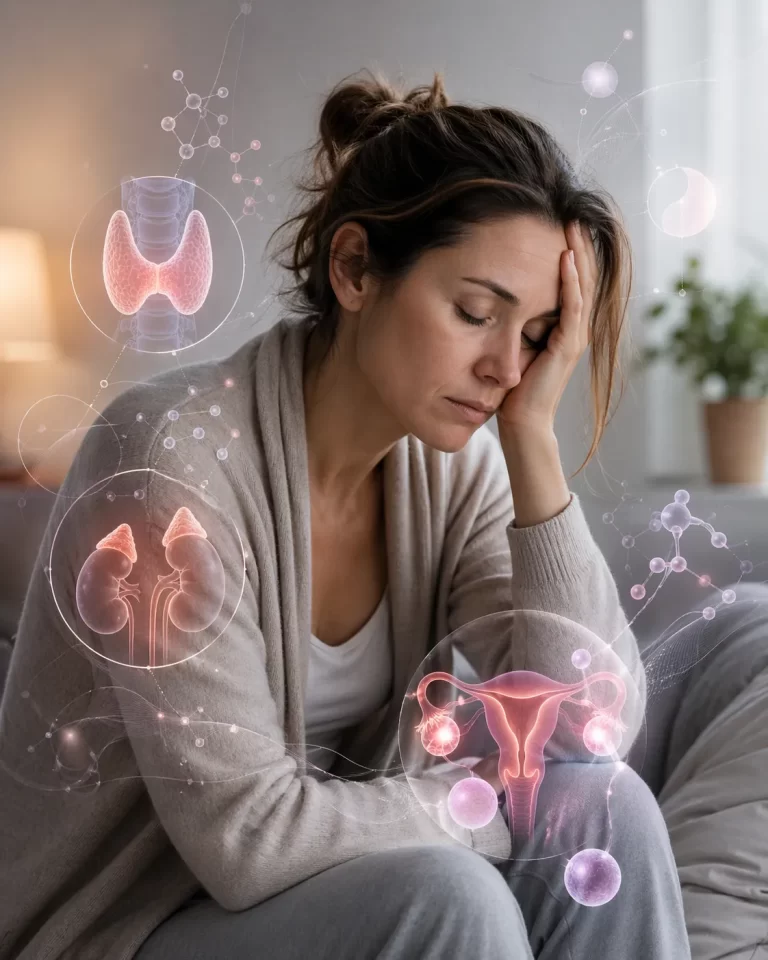 Een vrouw ervaart vermoeidheid door hormonale disbalans.