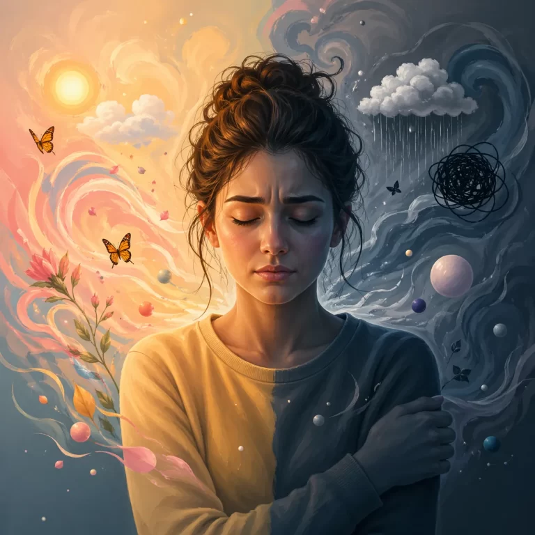 Een visuele weergave van hoe hormonale schommelingen emoties en stemming kunnen beïnvloeden.