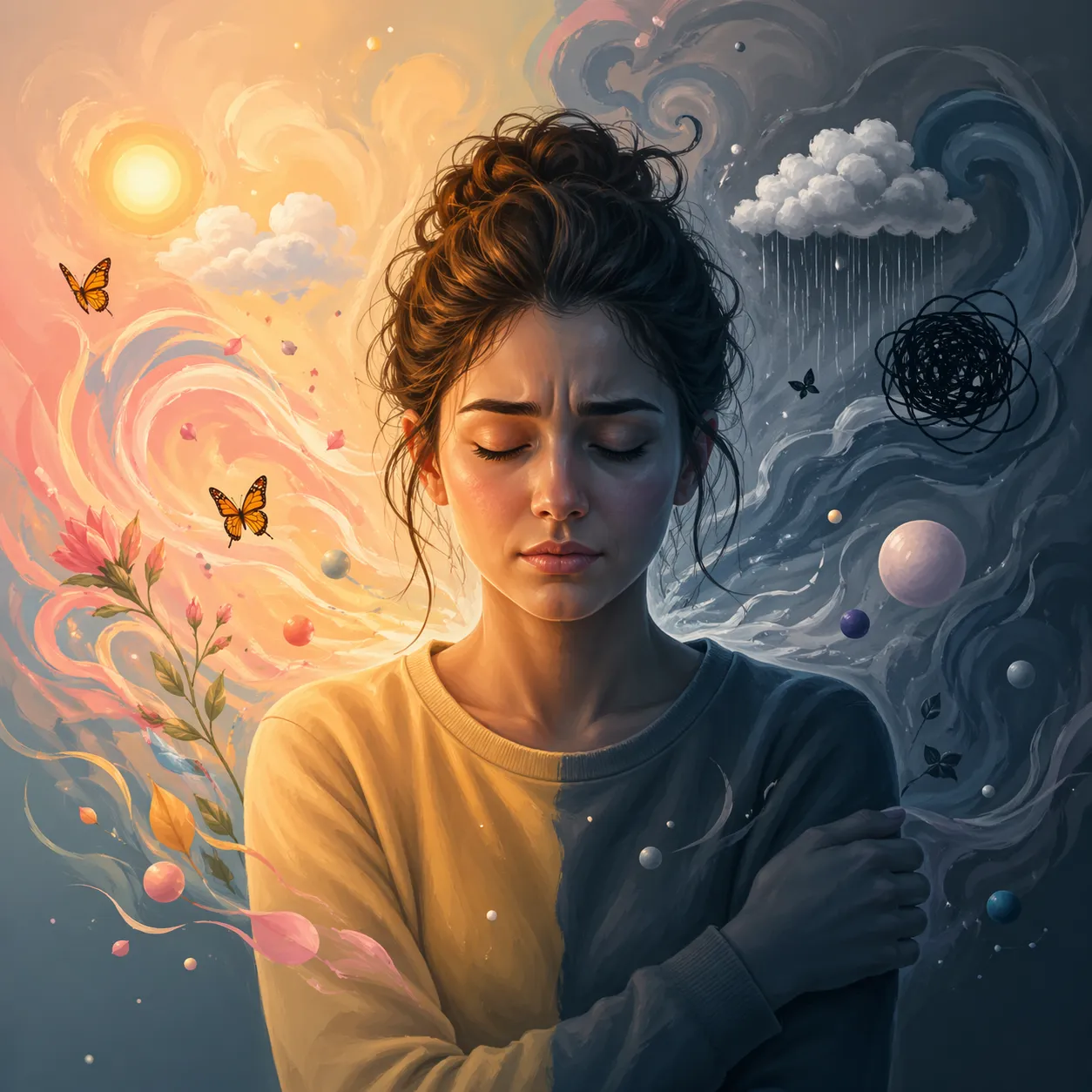 Een visuele weergave van hoe hormonale schommelingen emoties en stemming kunnen beïnvloeden.