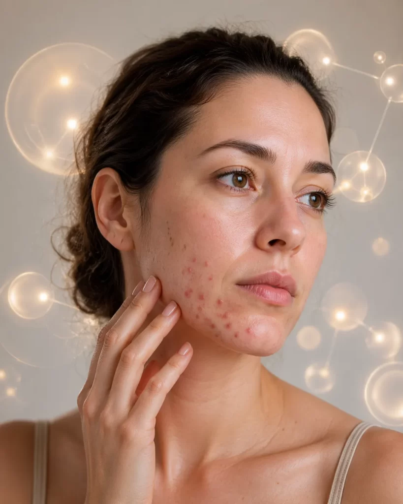 Close-up van een volwassen vrouw met hormonale acne op de kaaklijn en kin, in een zachte, neutrale setting.
