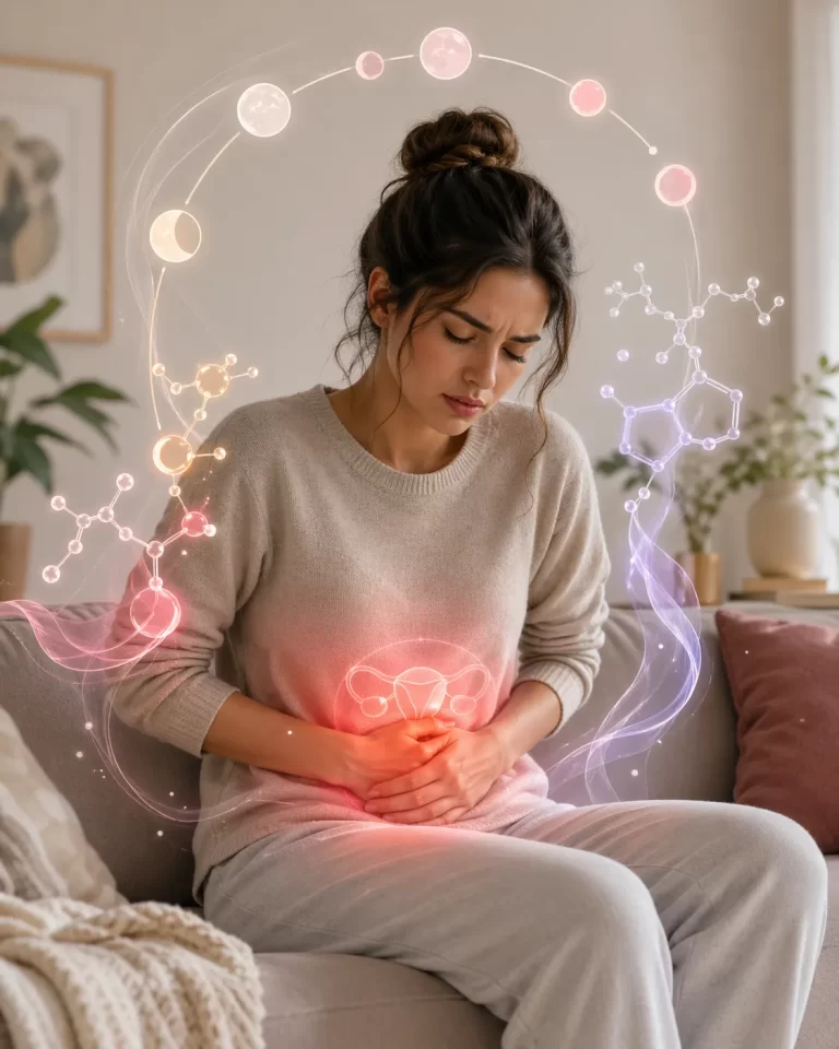 Een sfeervolle illustratie van menstruatiepijn en hormonale schommelingen, met een zachte en empathische uitstraling.