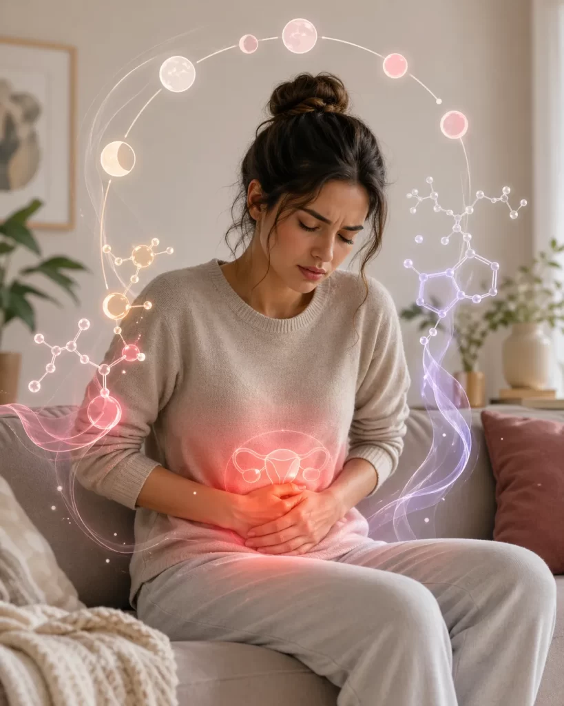 Een sfeervolle illustratie van menstruatiepijn en hormonale schommelingen, met een zachte en empathische uitstraling.