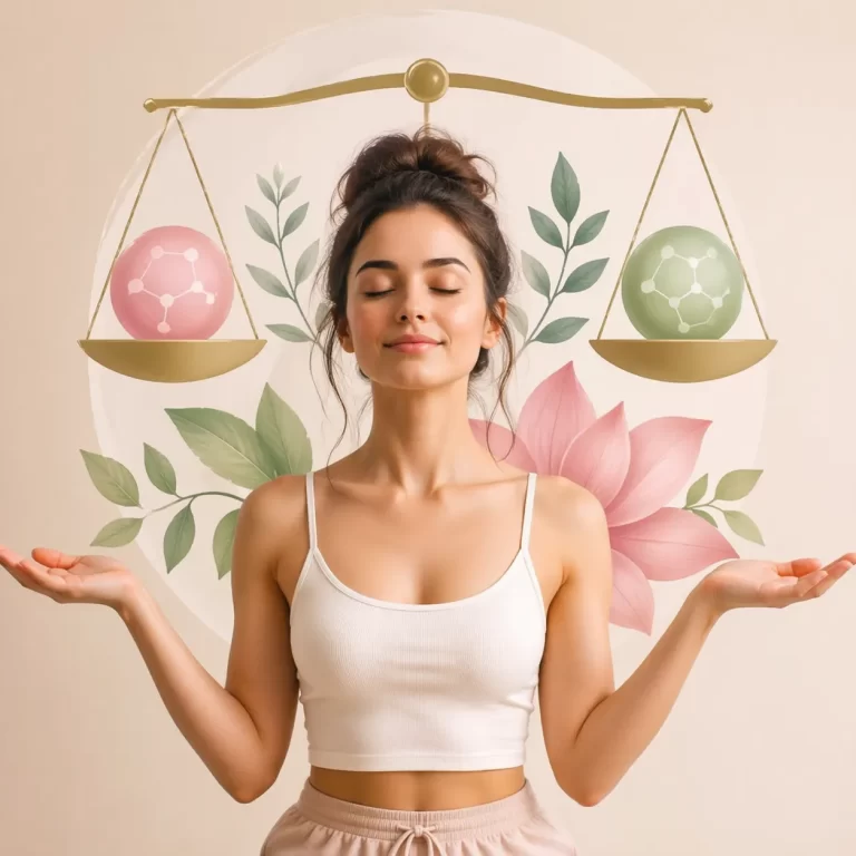 Een rustige wellness-afbeelding die innerlijke balans, ontspanning en hormonale harmonie symboliseert.