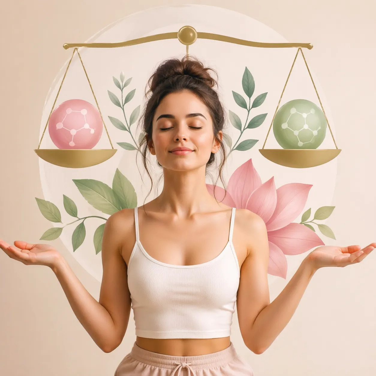 Een rustige wellness-afbeelding die innerlijke balans, ontspanning en hormonale harmonie symboliseert.