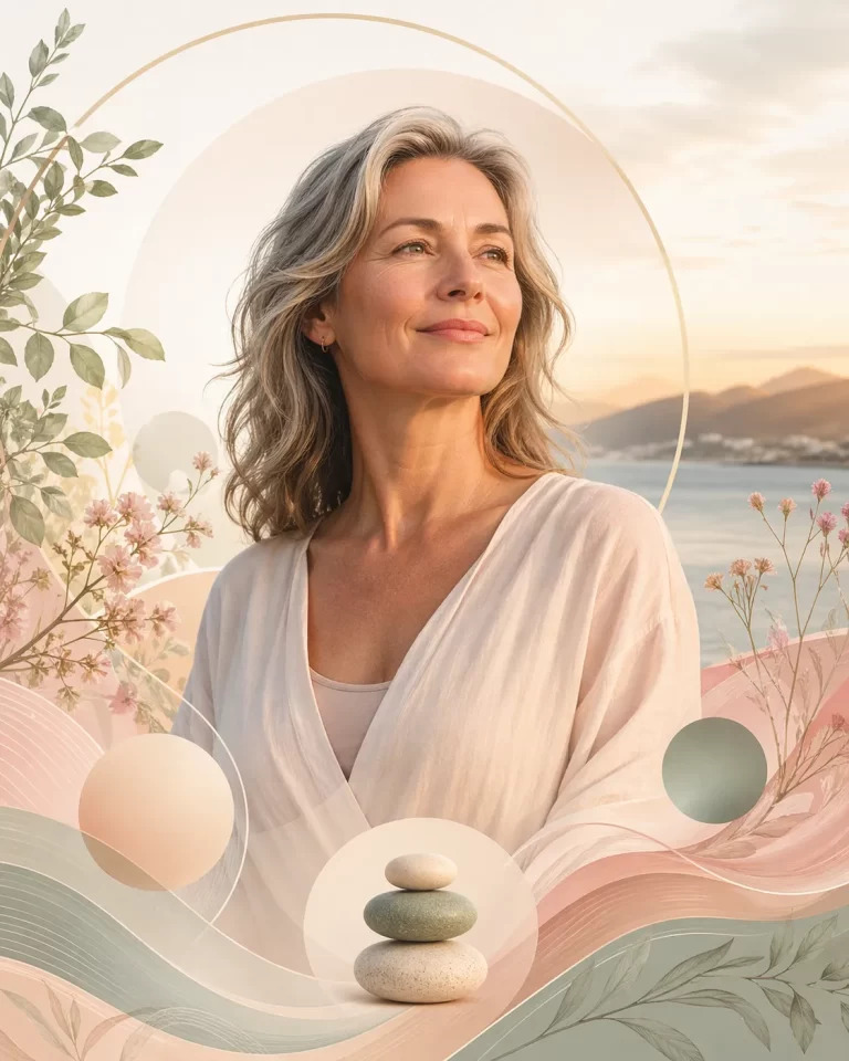 Een serene vrouw in de overgang, omringd door zachte natuur en symbolen van rust, balans en welzijn.