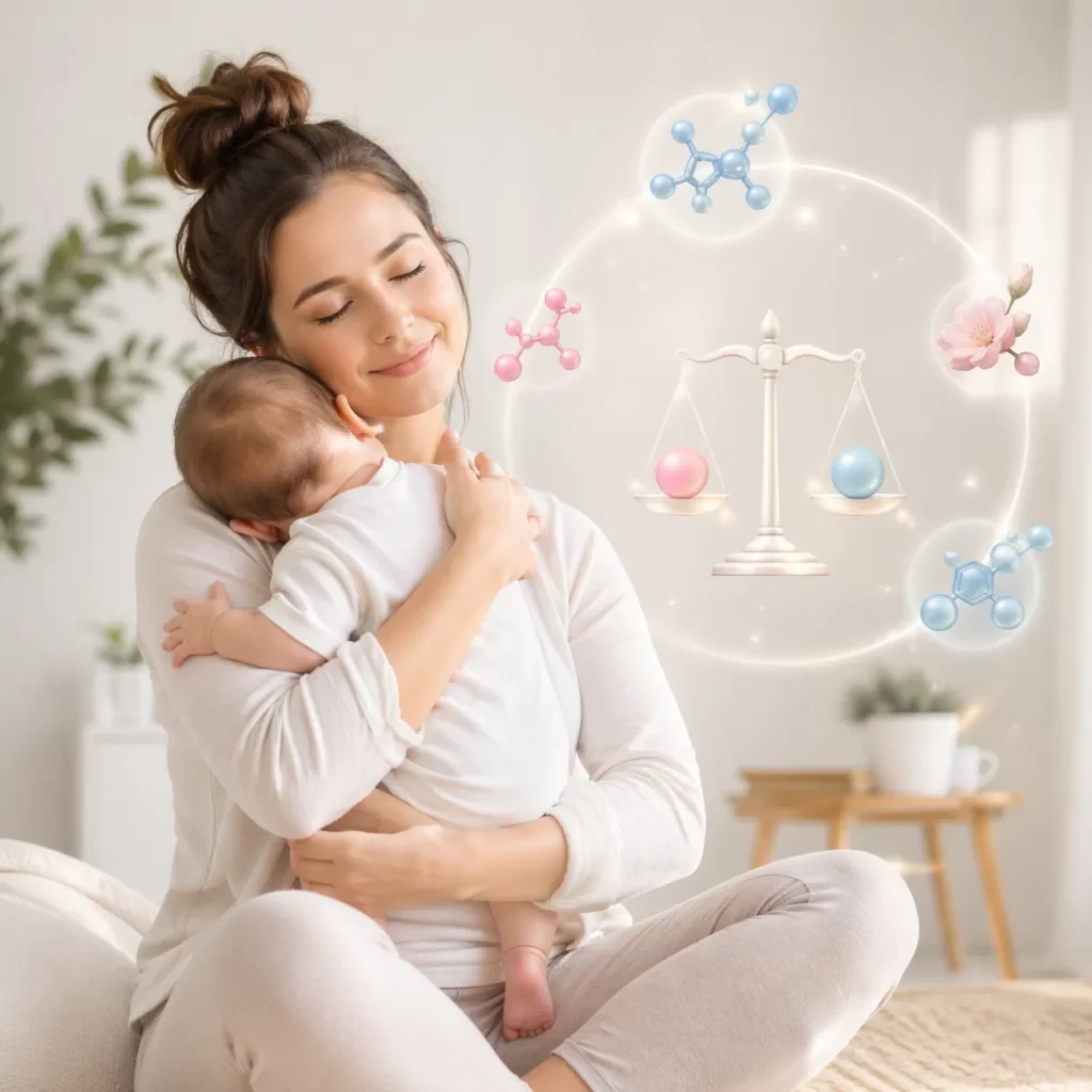 Een rustige, warme illustratie over herstel, zelfzorg en innerlijke balans na de bevalling.