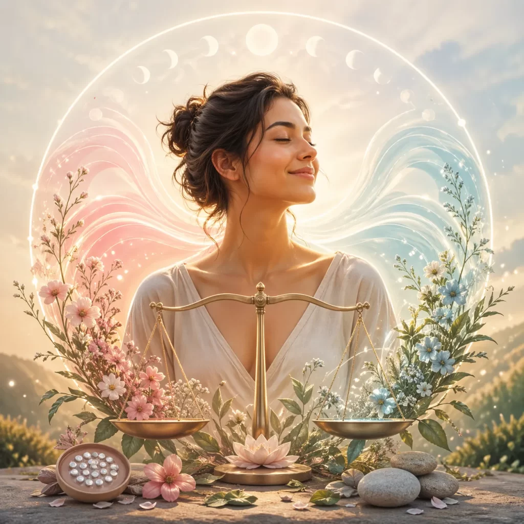 Een serene vrouw omringd door bloemen, licht en een weegschaal als symbool voor natuurlijke hormonale balans na het stoppen met de pil.