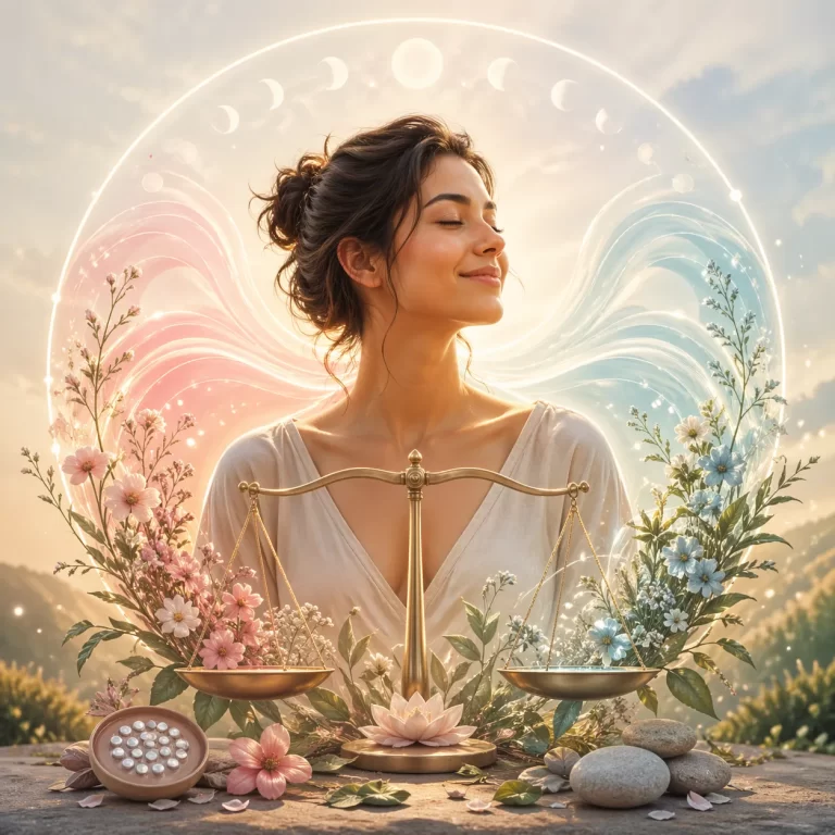 Een serene vrouw omringd door bloemen, licht en een weegschaal als symbool voor natuurlijke hormonale balans na het stoppen met de pil.