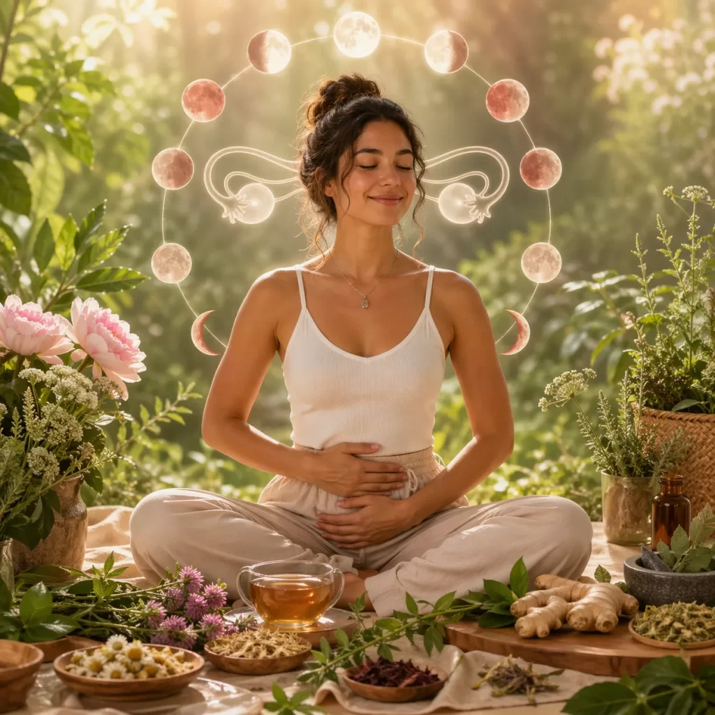 Een serene wellness-afbeelding met kruiden, maanfasen en natuurlijke harmonie voor vrouwelijke balans.