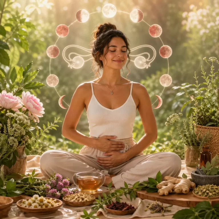 Een serene wellness-afbeelding met kruiden, maanfasen en natuurlijke harmonie voor vrouwelijke balans.