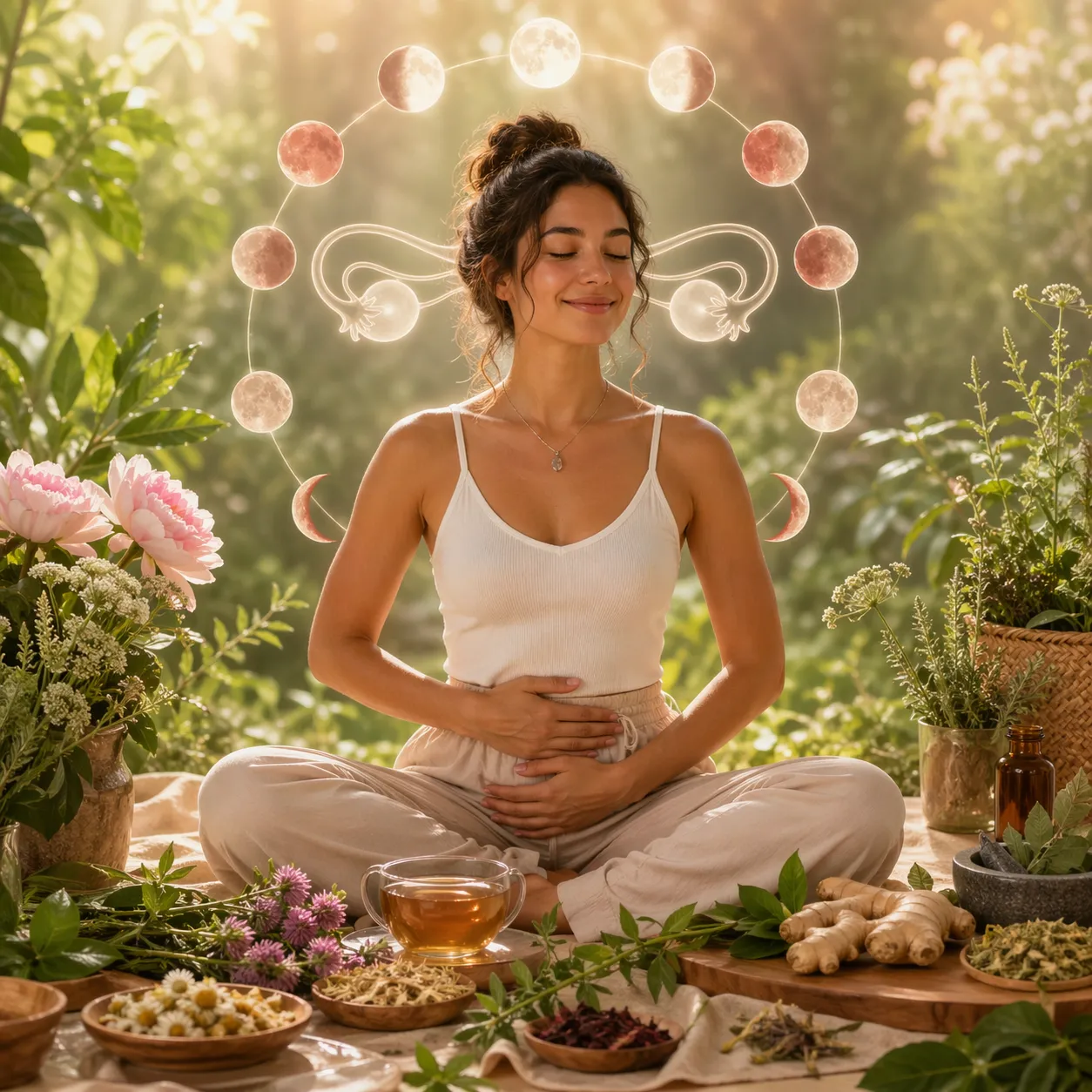 Een serene wellness-afbeelding met kruiden, maanfasen en natuurlijke harmonie voor vrouwelijke balans.