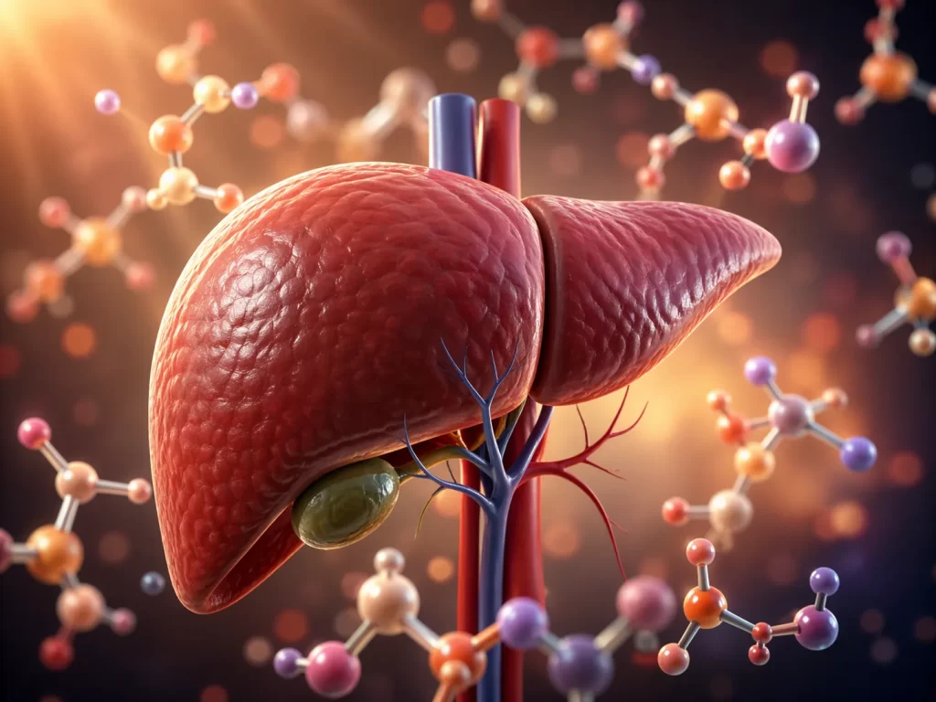 Medische 3D-illustratie van de lever met moleculaire elementen als symbool voor hormoonverwerking en natuurlijke ondersteuning.