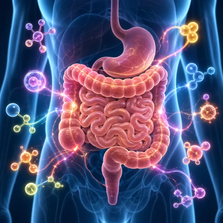 Een moderne medische illustratie van de darmen met kleurrijke hormonale signalen en moleculaire energie.